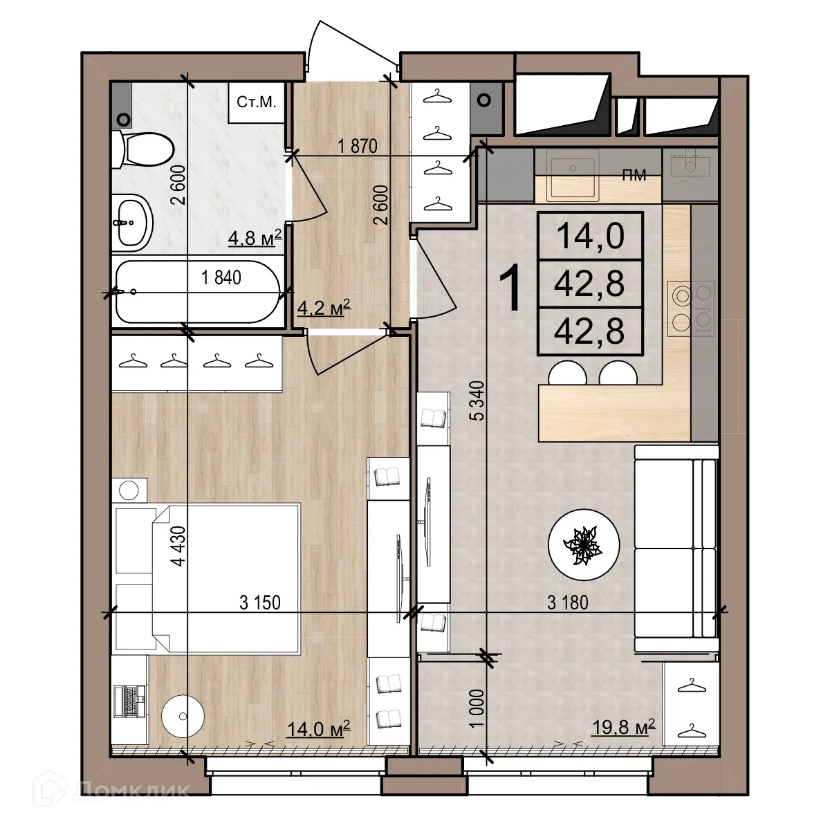 Планировка 1-комнатной квартиры 42.8 м² в Полярная звезда, г. Рязань — фото 1