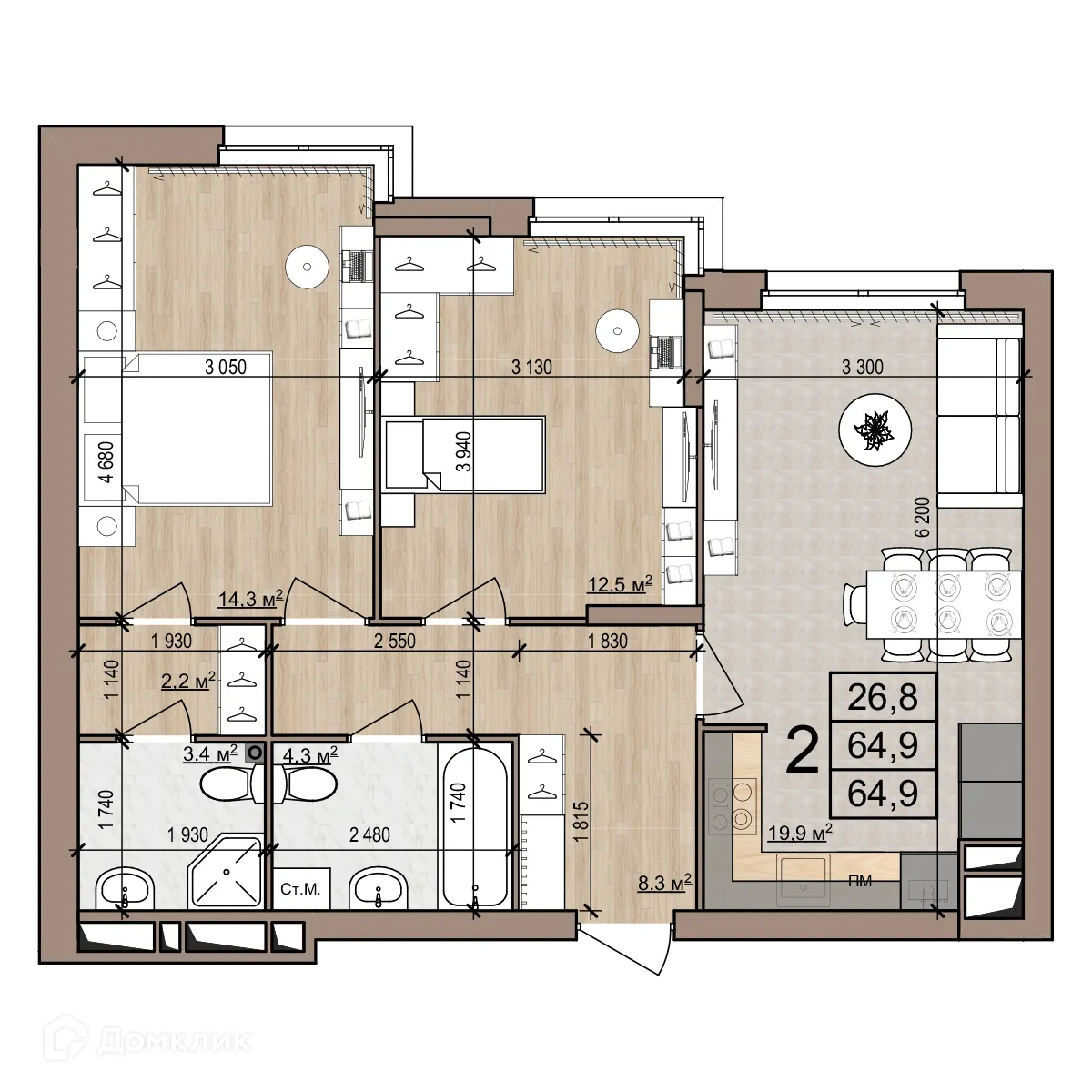 Планировка 2-комнатной квартиры 64.9 м² в Полярная звезда, г. Рязань — фото 1