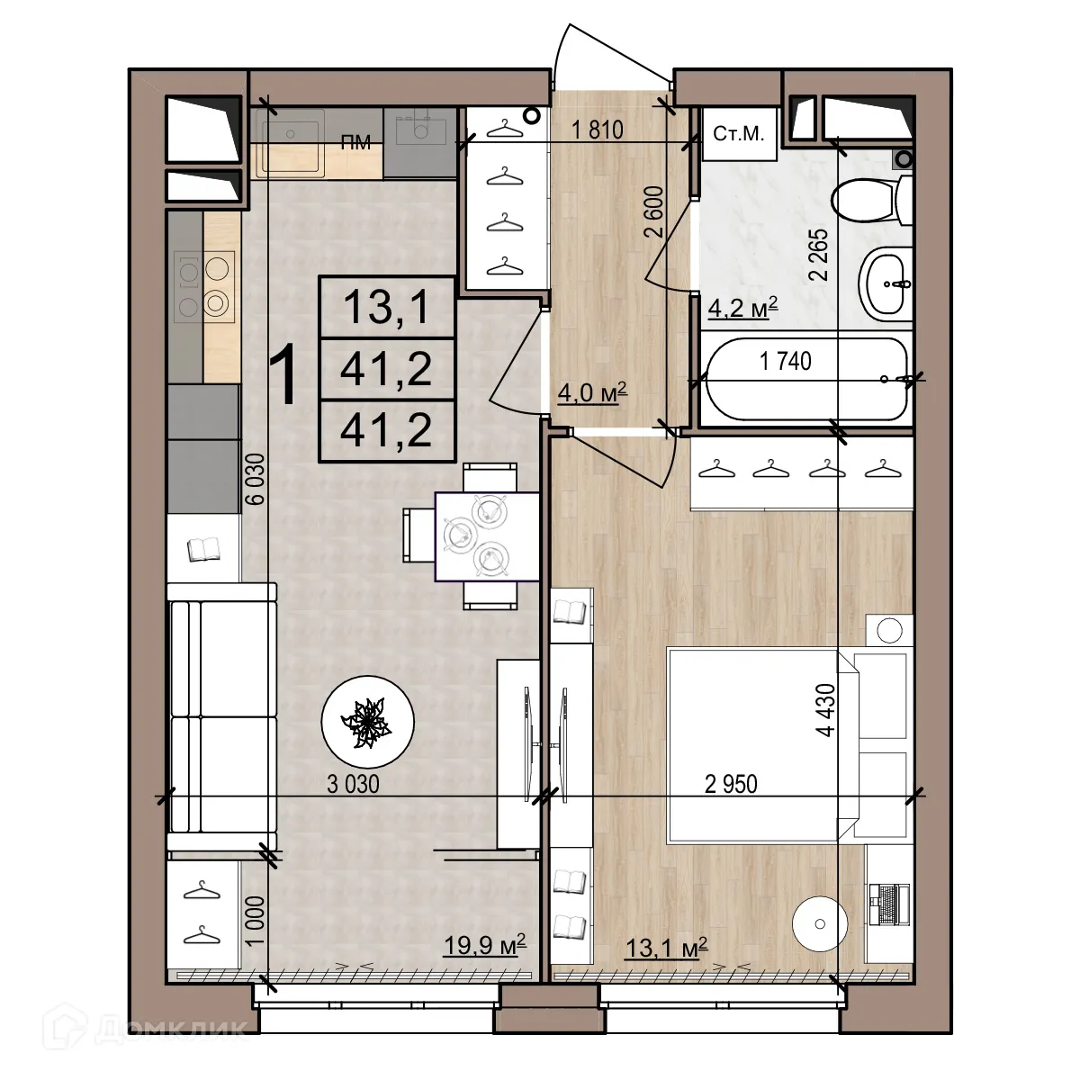 Планировка 1-комнатной квартиры 41.2 м² в Полярная звезда, г. Рязань — фото 1