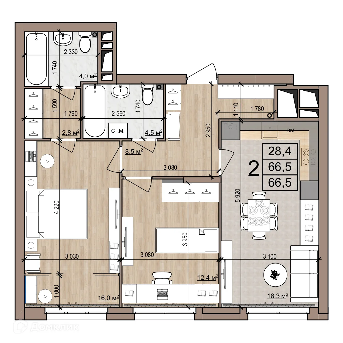 Планировка 2-комнатной квартиры 66.5 м² в Полярная звезда, г. Рязань — фото 1