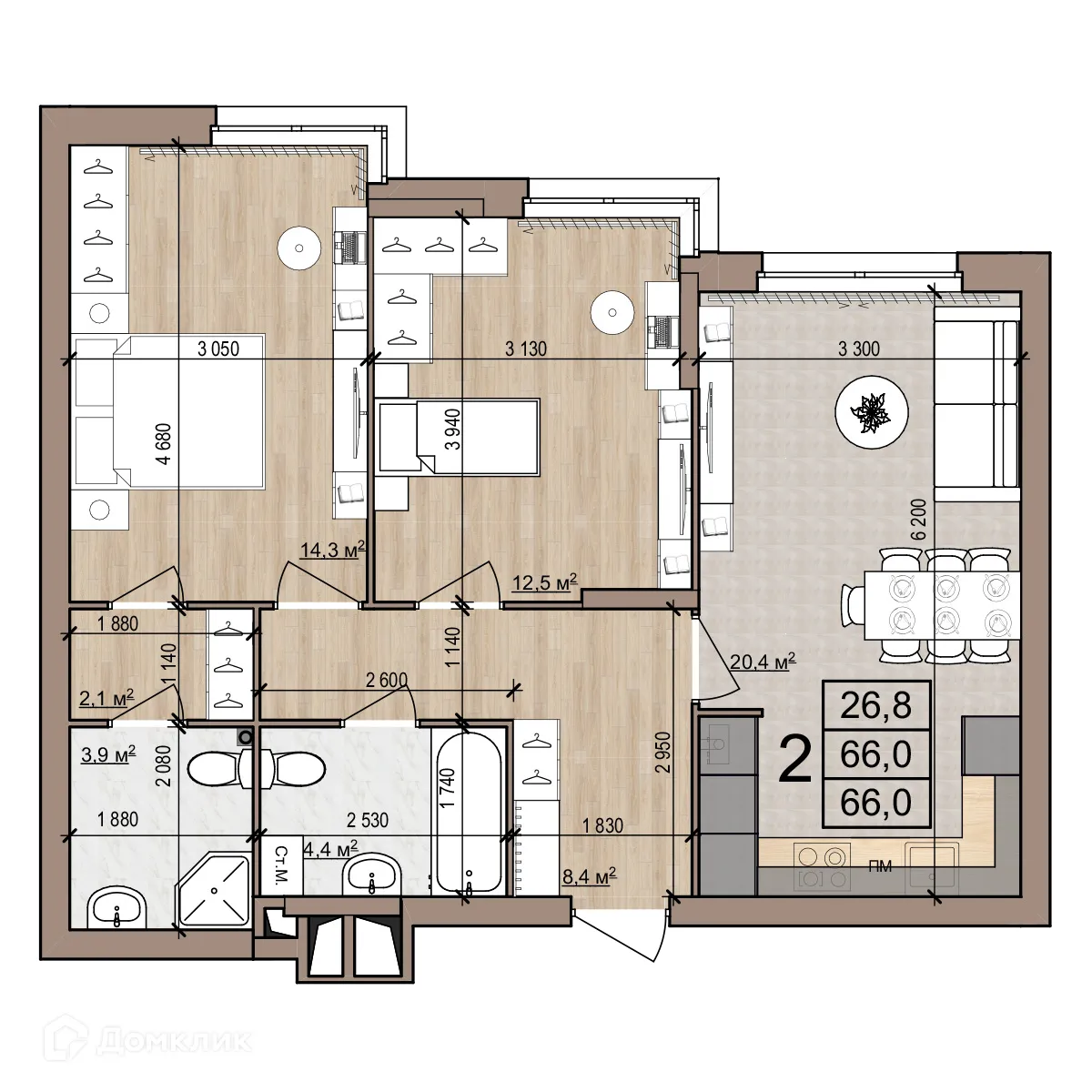 Планировка 2-комнатной квартиры 66 м² в Полярная звезда, г. Рязань — фото 1