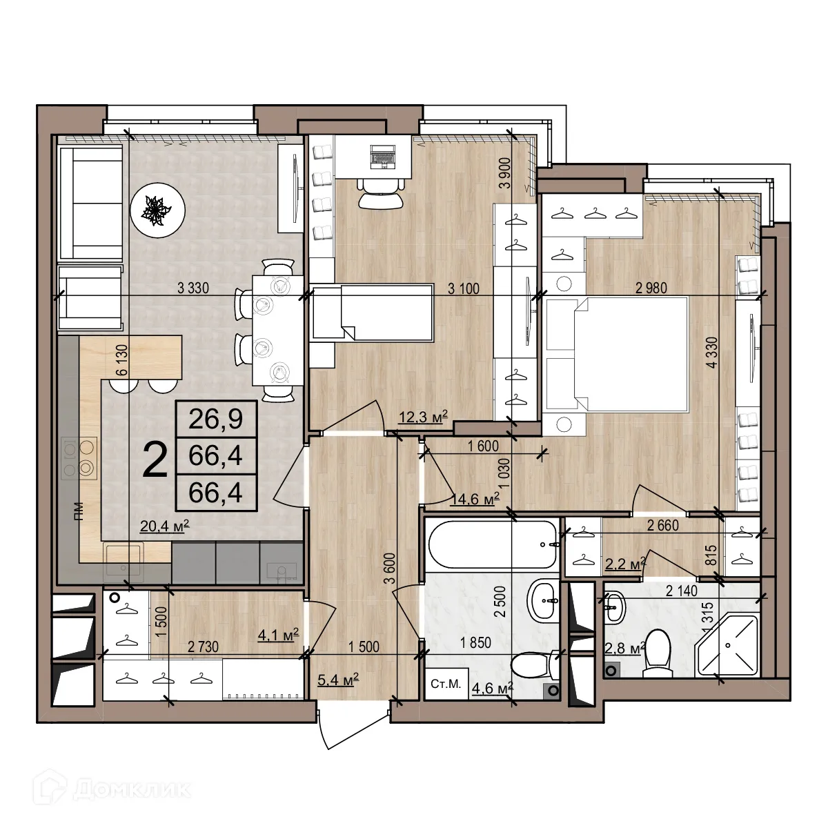 Планировка 2-комнатной квартиры 66.4 м² в Полярная звезда, г. Рязань — фото 1