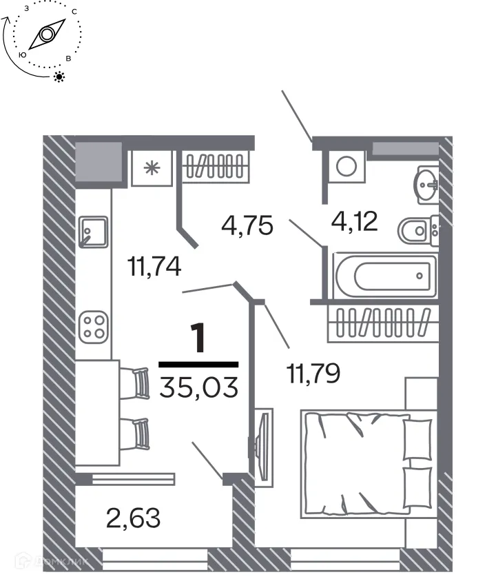 Планировка 1-комнатной квартиры 35.03 м² в Кипарис (Дом на Быстрецкой), г. Рязань — фото 1