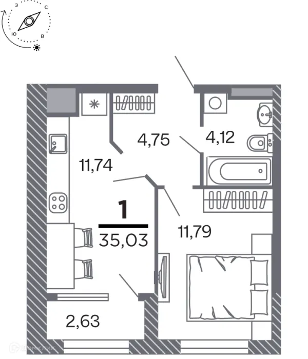 Планировка 1 комн. в Кипарис (Дом на Быстрецкой)