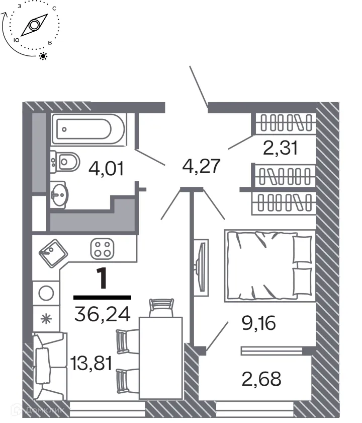 Планировка 1-комнатной квартиры 36.24 м² в Кипарис (Дом на Быстрецкой), г. Рязань — фото 1