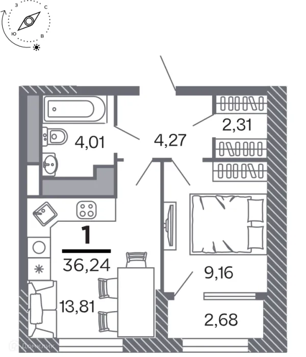Планировка 1 комн. в Кипарис (Дом на Быстрецкой)