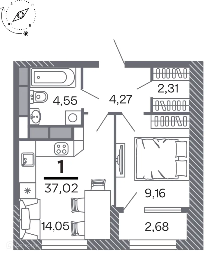 Планировка 1-комнатной квартиры 37.02 м² в Кипарис (Дом на Быстрецкой), г. Рязань — фото 1