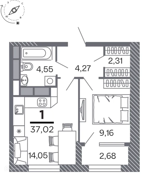 Планировка 1 комн. в Кипарис (Дом на Быстрецкой)