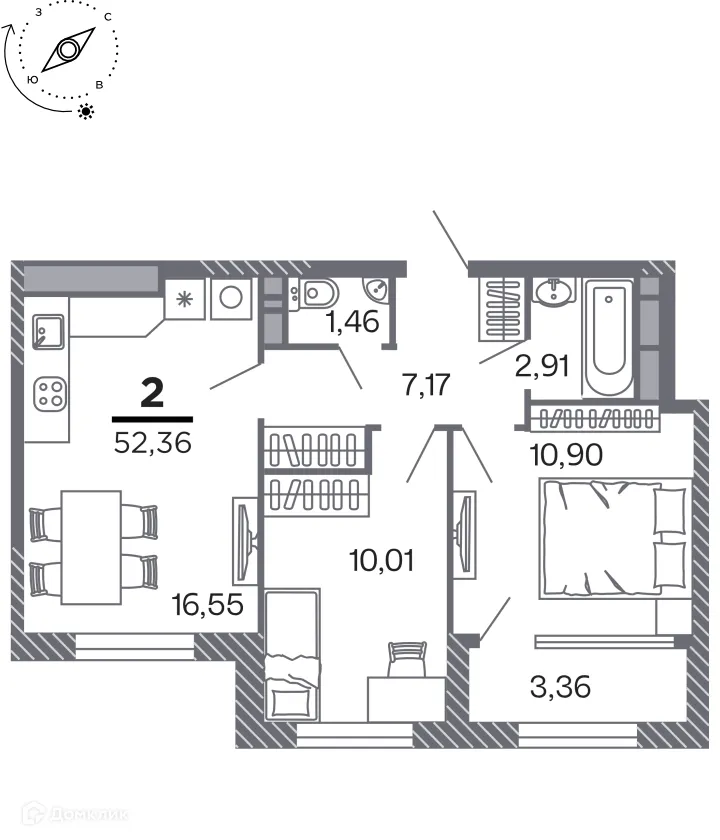 Планировка 2-комнатной квартиры 52.36 м² в Кипарис (Дом на Быстрецкой), г. Рязань — фото 1