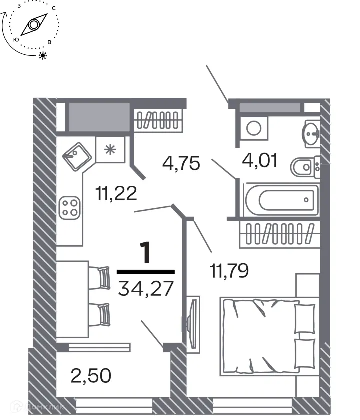 Планировка 1-комнатной квартиры 34.27 м² в Кипарис (Дом на Быстрецкой), г. Рязань — фото 1