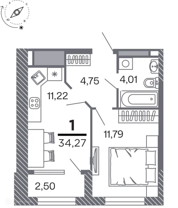 Планировка 1 комн. в Кипарис (Дом на Быстрецкой)