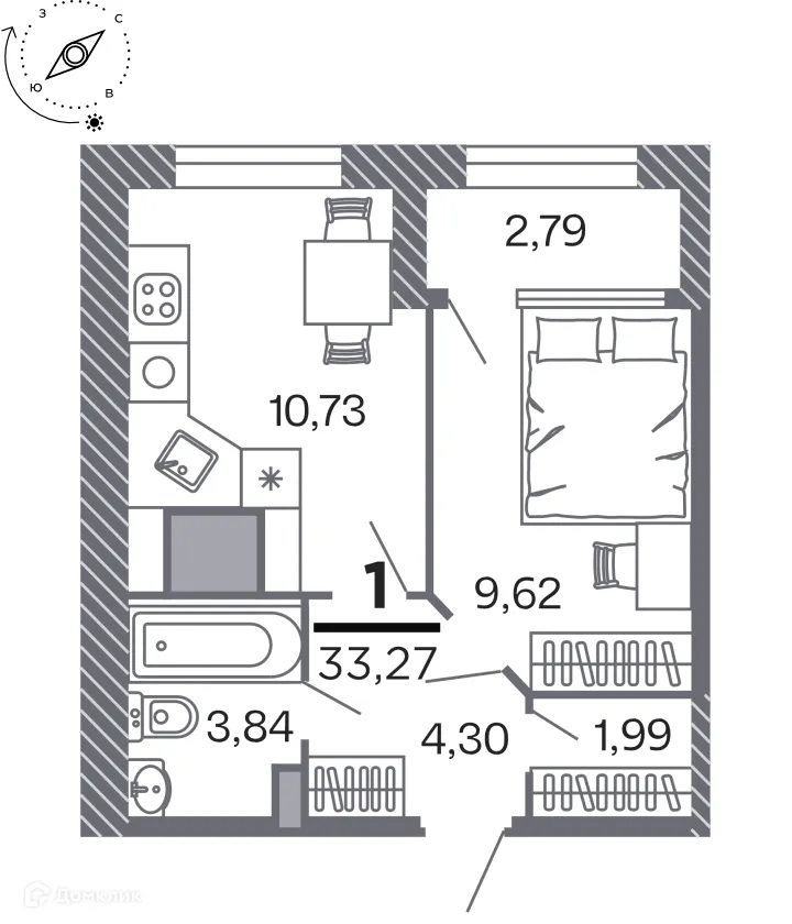 Планировка 1-комнатной квартиры 33.27 м² в Кипарис (Дом на Быстрецкой), г. Рязань — фото 1
