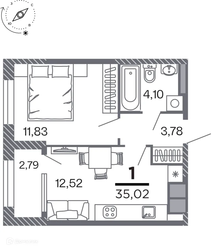 Планировка 1-комнатной квартиры 35.02 м² в Кипарис (Дом на Быстрецкой), г. Рязань — фото 1