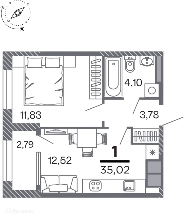 Планировка 1 комн. в Кипарис (Дом на Быстрецкой)