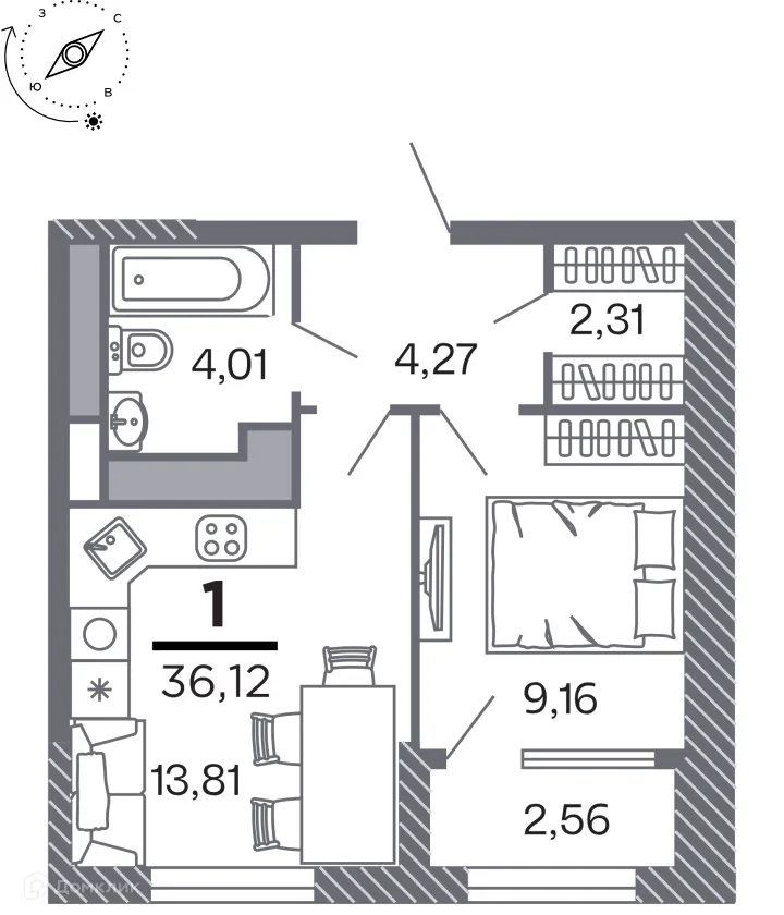 Планировка 1-комнатной квартиры 36.12 м² в Кипарис (Дом на Быстрецкой), г. Рязань — фото 1