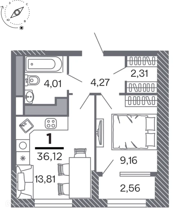 Планировка 1 комн. в Кипарис (Дом на Быстрецкой)