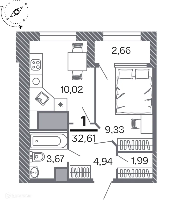 Планировка 1-комнатной квартиры 32.61 м² в Кипарис (Дом на Быстрецкой), г. Рязань — фото 1