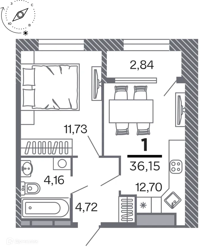Планировка 1-комнатной квартиры 36.15 м² в Кипарис (Дом на Быстрецкой), г. Рязань — фото 1