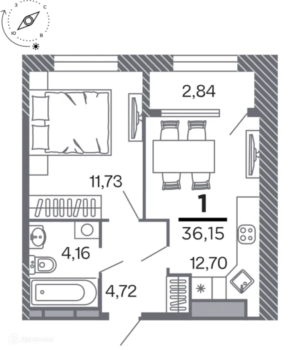 Планировка 1 комн. в Кипарис (Дом на Быстрецкой)