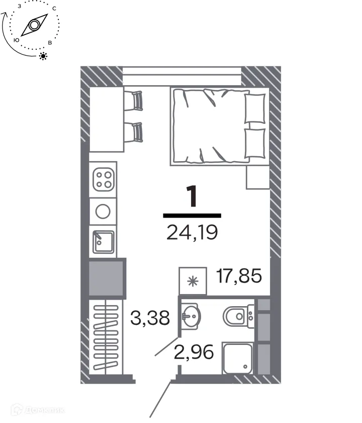 Планировка студии квартиры 24.19 м² в Кипарис (Дом на Быстрецкой), г. Рязань — фото 1