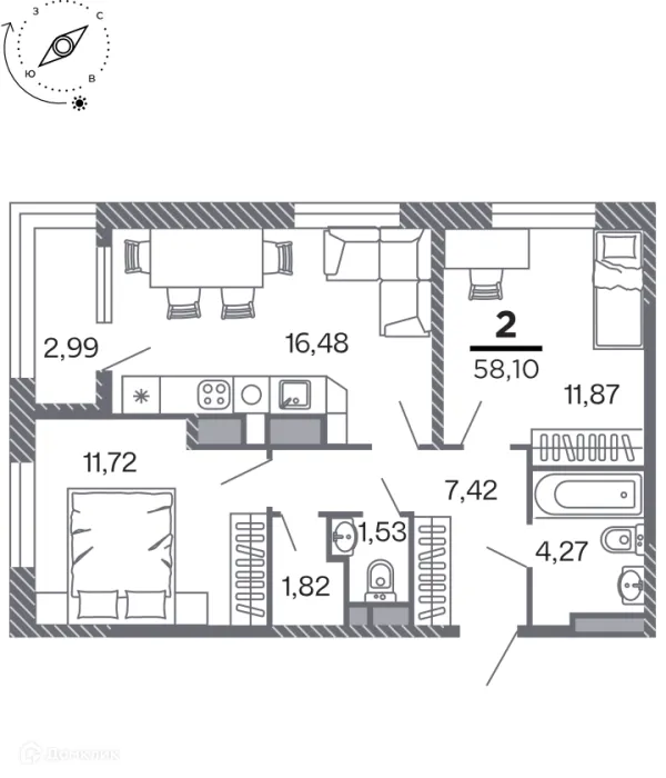Планировка 2 комн. в Кипарис (Дом на Быстрецкой)