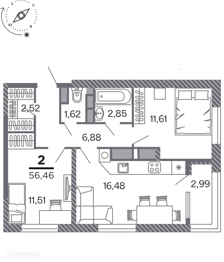 Планировка 2-комнатной квартиры 56.46 м² в Кипарис (Дом на Быстрецкой), г. Рязань — фото 1