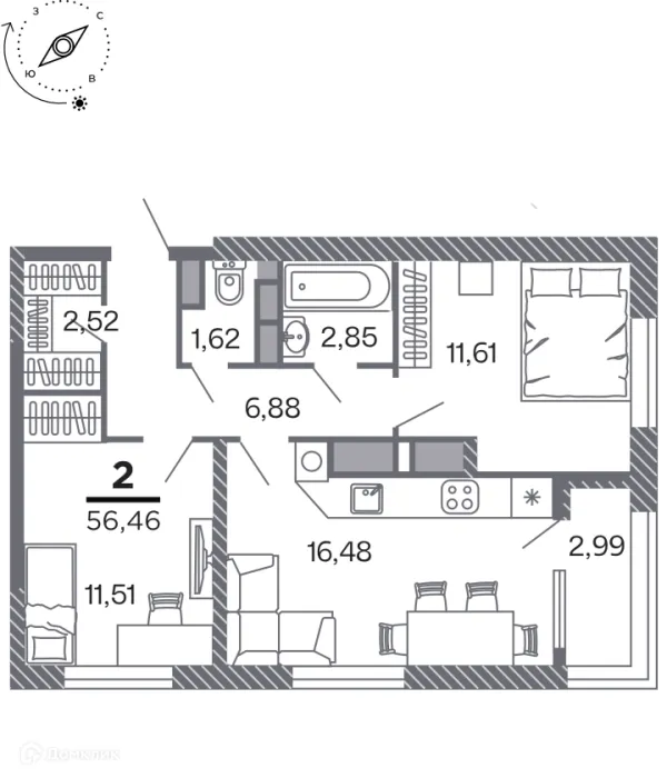 Планировка 2 комн. в Кипарис (Дом на Быстрецкой)