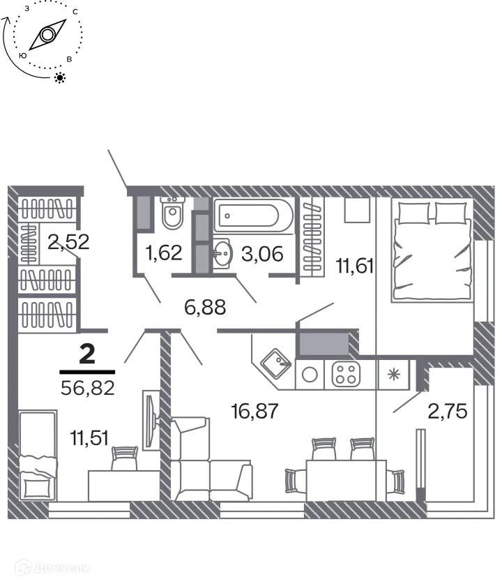 Планировка 2-комнатной квартиры 56.82 м² в Кипарис (Дом на Быстрецкой), г. Рязань — фото 1