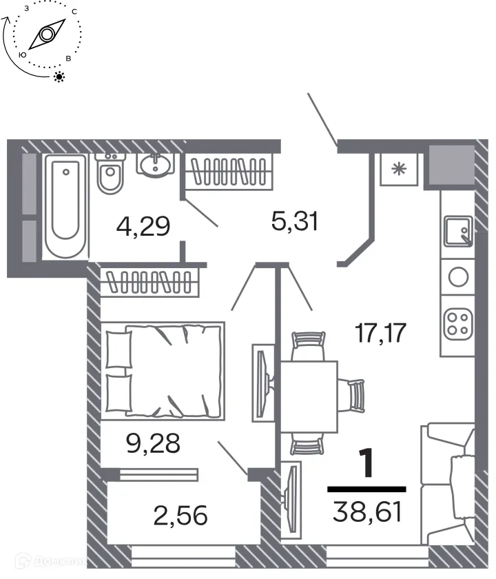 Планировка 1-комнатной квартиры 38.61 м² в Кипарис (Дом на Быстрецкой), г. Рязань — фото 1