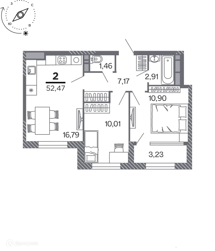 Планировка 2-комнатной квартиры 52.47 м² в Кипарис (Дом на Быстрецкой), г. Рязань — фото 1