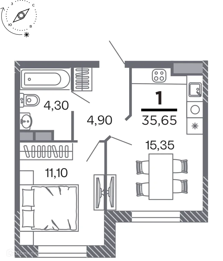 Планировка 1-комнатной квартиры 35.65 м² в Кипарис (Дом на Быстрецкой), г. Рязань — фото 1