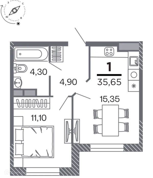 Планировка 1 комн. в Кипарис (Дом на Быстрецкой)