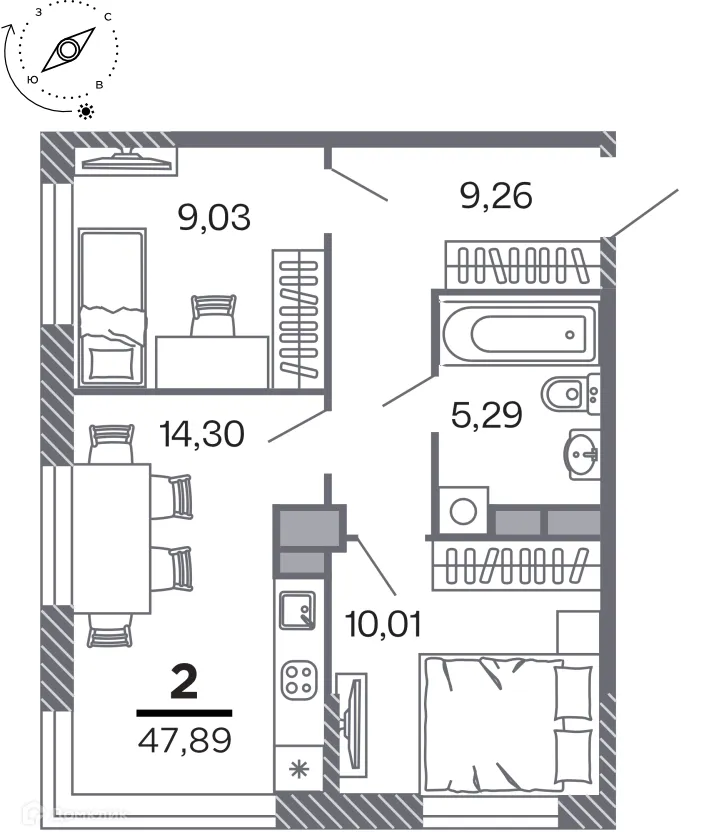 Планировка 2-комнатной квартиры 47.89 м² в Кипарис (Дом на Быстрецкой), г. Рязань — фото 1