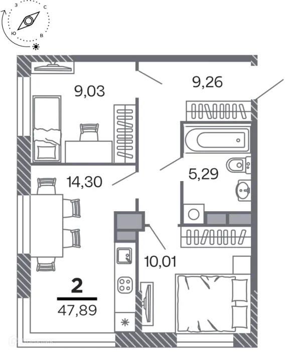 Планировка 2 комн. в Кипарис (Дом на Быстрецкой)