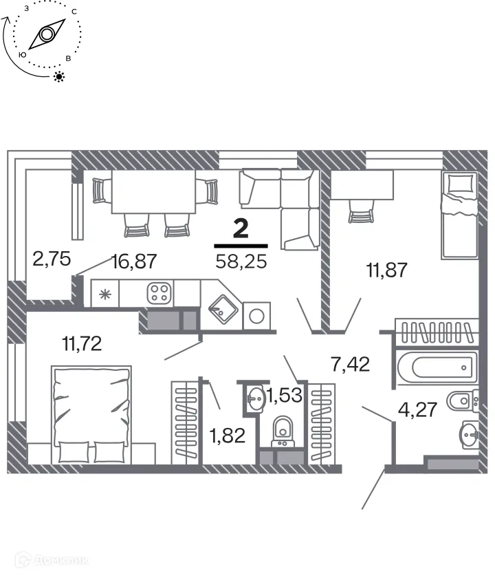 Планировка 2-комнатной квартиры 58.25 м² в Кипарис (Дом на Быстрецкой), г. Рязань — фото 1