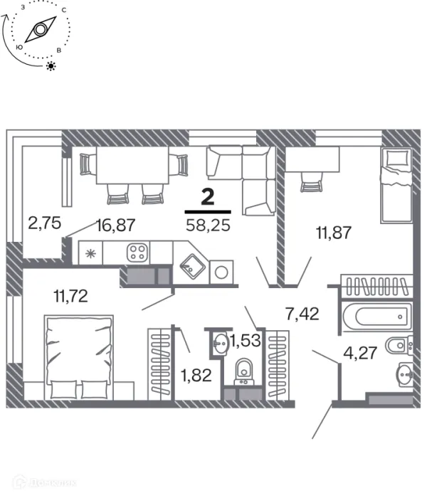 Планировка 2 комн. в Кипарис (Дом на Быстрецкой)