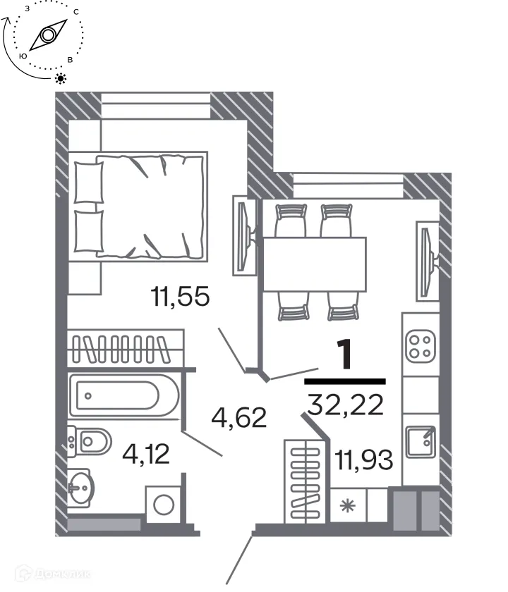 Планировка 1-комнатной квартиры 32.22 м² в Кипарис (Дом на Быстрецкой), г. Рязань — фото 1