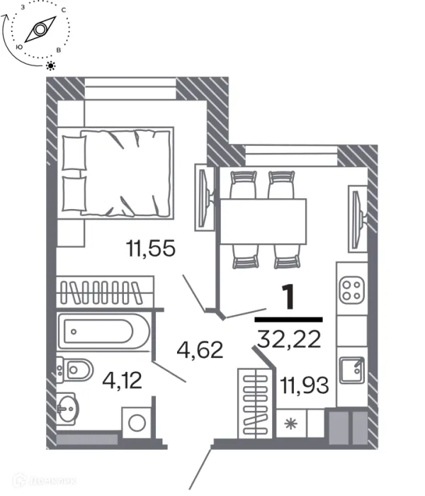Планировка 1 комн. в Кипарис (Дом на Быстрецкой)