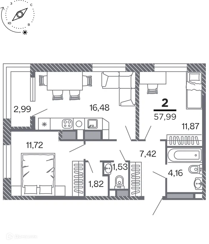 Планировка 2-комнатной квартиры 57.99 м² в Кипарис (Дом на Быстрецкой), г. Рязань — фото 1