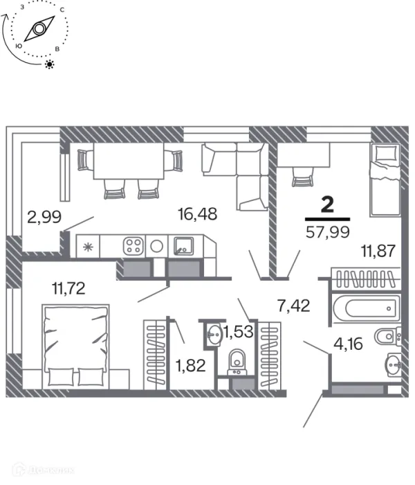 Планировка 2 комн. в Кипарис (Дом на Быстрецкой)