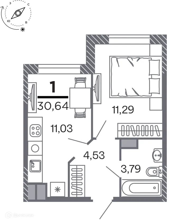 Планировка 1-комнатной квартиры 30.64 м² в Кипарис (Дом на Быстрецкой), г. Рязань — фото 1