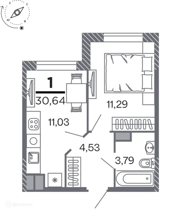 Планировка 1 комн. в Кипарис (Дом на Быстрецкой)