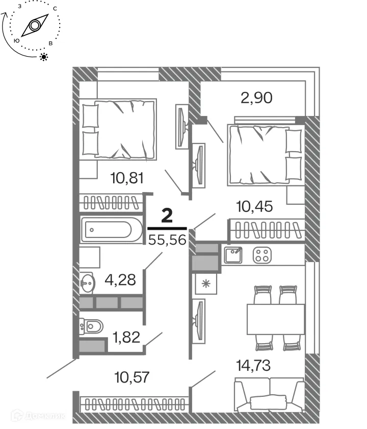 Планировка 2-комнатной квартиры 55.56 м² в Кипарис (Дом на Быстрецкой), г. Рязань — фото 1