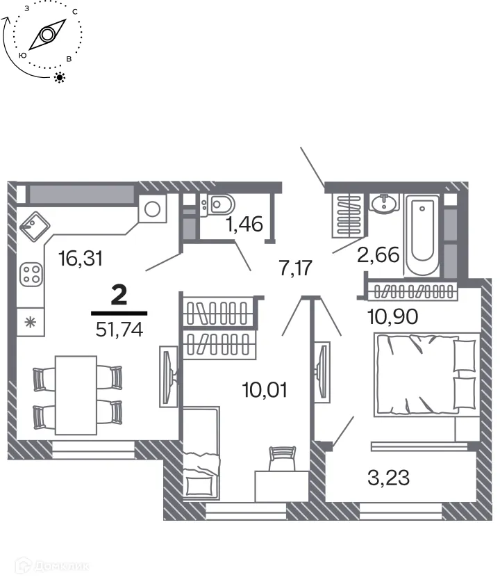Планировка 2-комнатной квартиры 51.74 м² в Кипарис (Дом на Быстрецкой), г. Рязань — фото 1