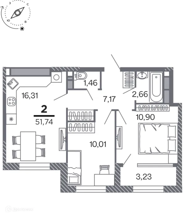 Планировка 2 комн. в Кипарис (Дом на Быстрецкой)