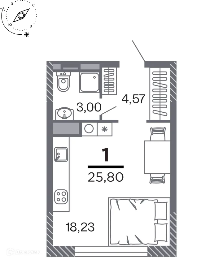 Планировка студии квартиры 25.8 м² в Кипарис (Дом на Быстрецкой), г. Рязань — фото 1