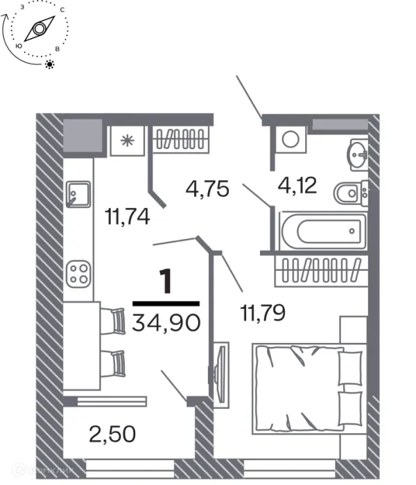 Планировка 1 комн. в Кипарис (Дом на Быстрецкой)