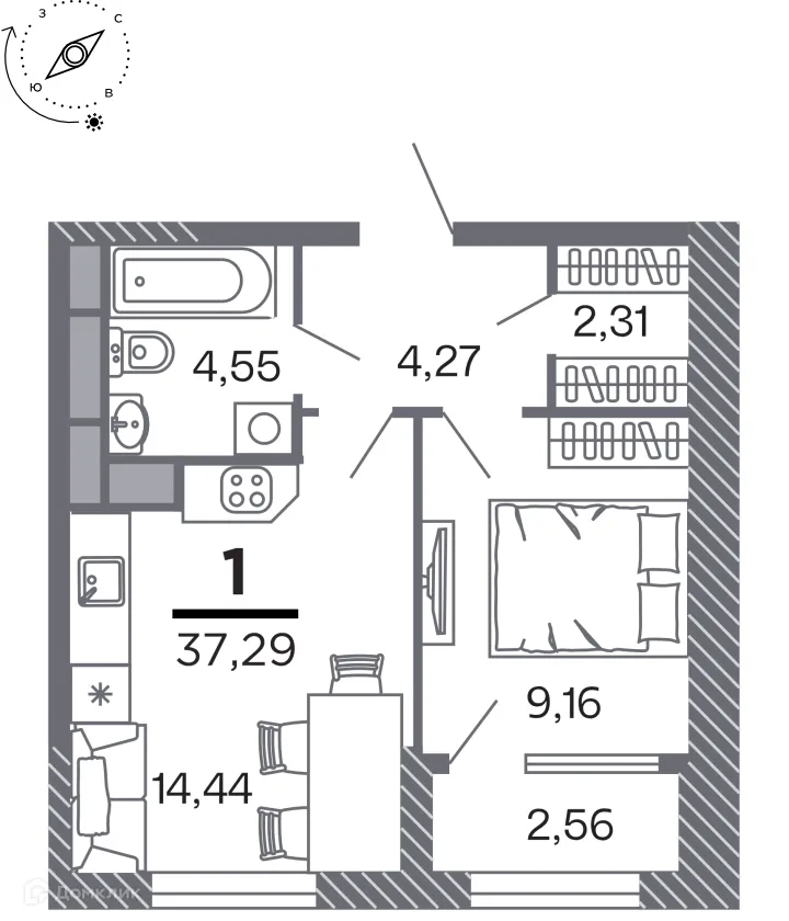 Планировка 1-комнатной квартиры 37.29 м² в Кипарис (Дом на Быстрецкой), г. Рязань — фото 1