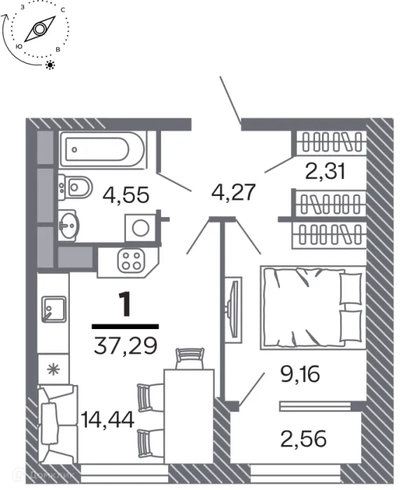 Планировка 1 комн. в Кипарис (Дом на Быстрецкой)