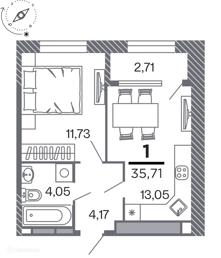Планировка 1-комнатной квартиры 35.71 м² в Кипарис (Дом на Быстрецкой), г. Рязань — фото 1